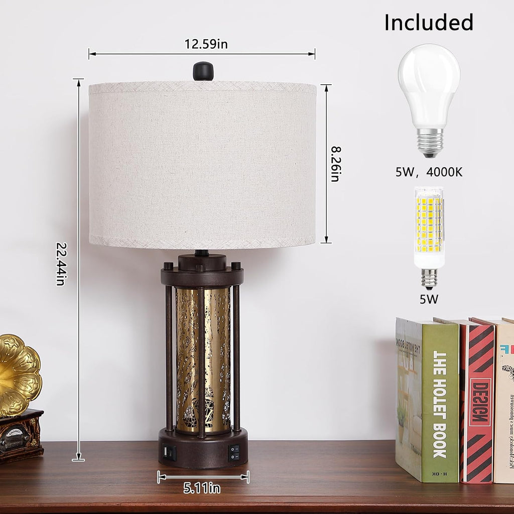 Set of 2 Gold and Bronze Farmhouse Table Lamp,Vintage Bedside Lamp,Rustic Desk Lamp for Bedroom/Living Room/Entryway/Patio/Dining Table,with 2 USB Charging Ports,Bulbs Included,UL Listed