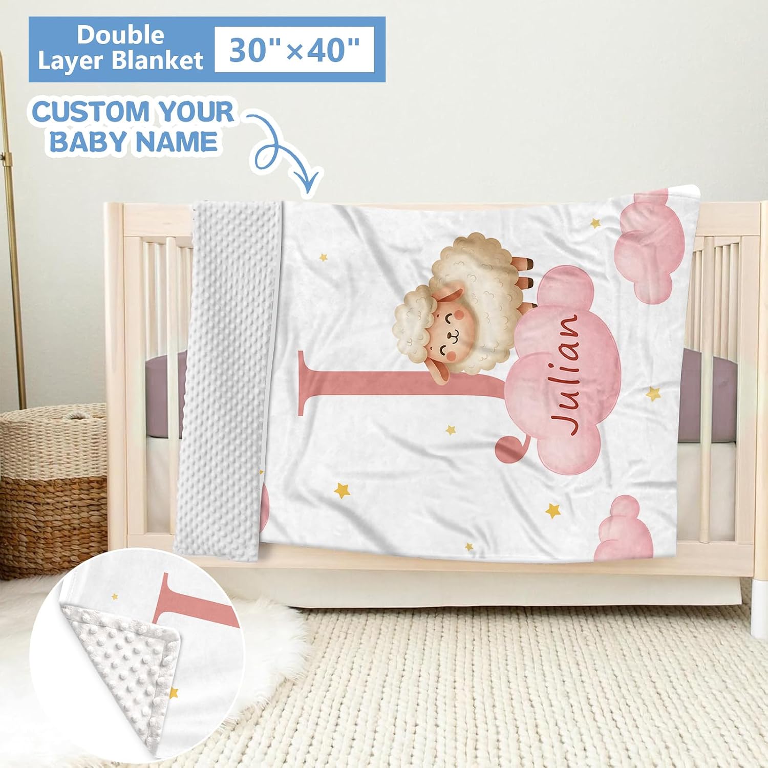 KAINSY Custom Crib Bedding Set, 5 Pcs Personalized Name Monogram Baby Crib Sets for Infants Toddlers, Pink Sheep Nursery Bedding Set for Boys Girls, Double Layer Baby Bedding Sets Customized Gifts