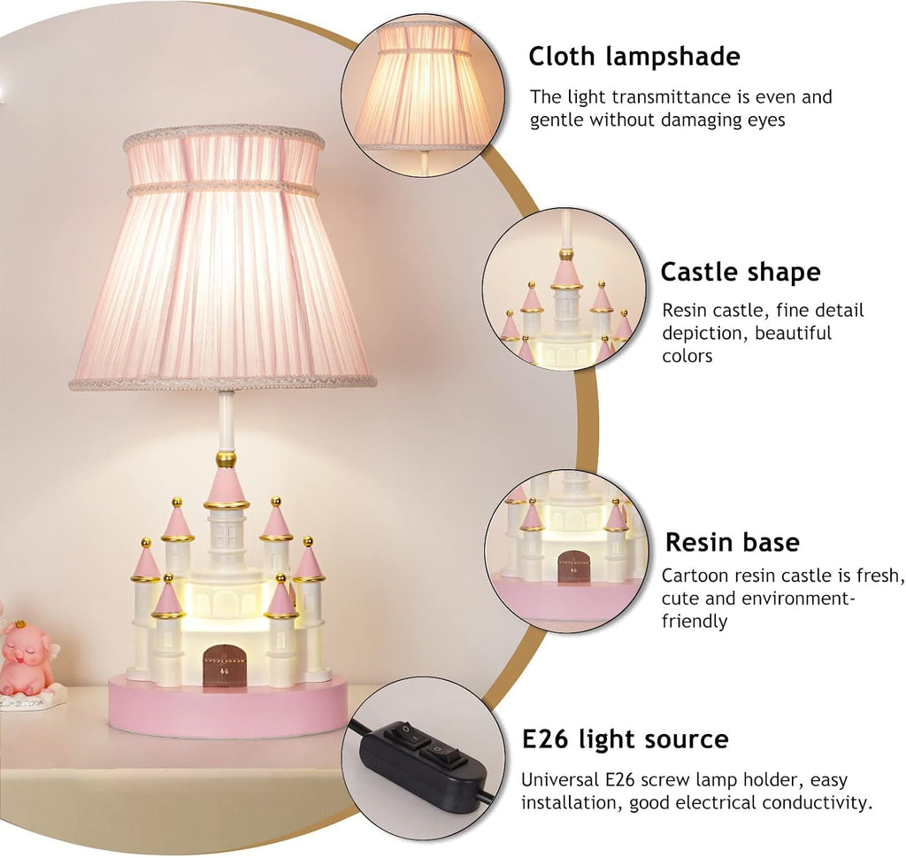 Cartoon Kids Castle Shape Resin & Fabric Shade Table Lamp - Pink, Modern, Cute for Girl's Room, Bedroom, Nursery & Living Room