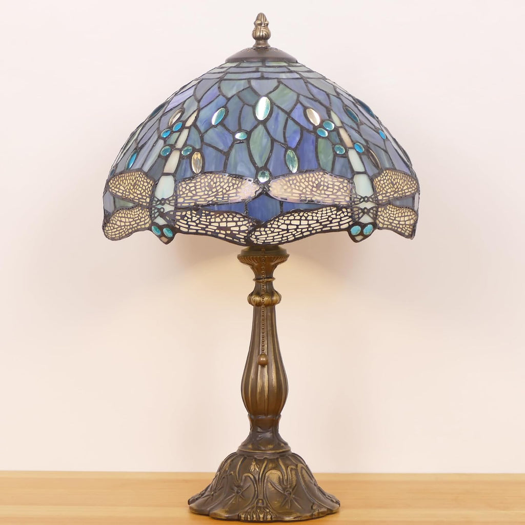 Tiffany Lamp Stained Glass Table Lamp Antique Bedside Reading Light W12H19 Inches (Sea Blue Dragonfly)