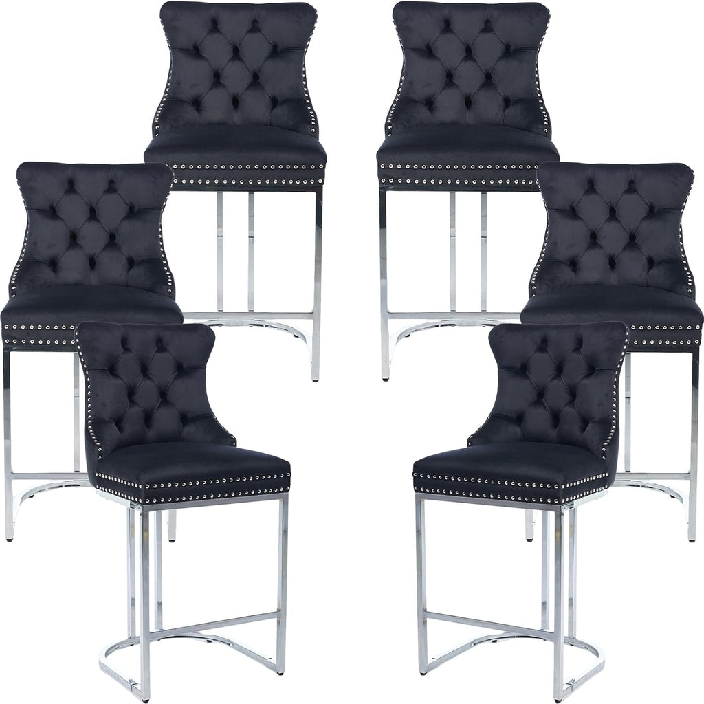 25' Counter Height Bar Stools Set of 6, Velvet Counter Stools for Kitchen Island, Tufted High Chair with Backs, Fabric Upholstered Modern Barstools for Pub Cafe, Chromed Metal Legs (Black, 6Pcs)