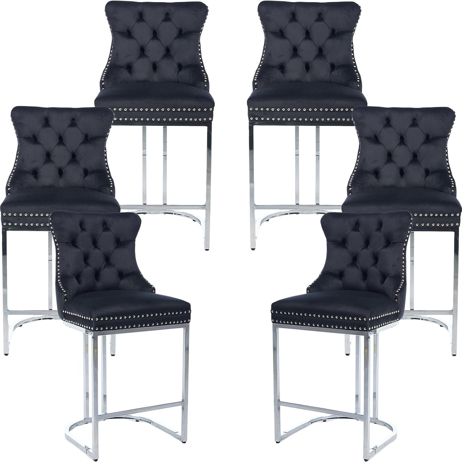 25' Counter Height Bar Stools Set of 6, Velvet Counter Stools for Kitchen Island, Tufted High Chair with Backs, Fabric Upholstered Modern Barstools for Pub Cafe, Chromed Metal Legs (Black, 6Pcs)