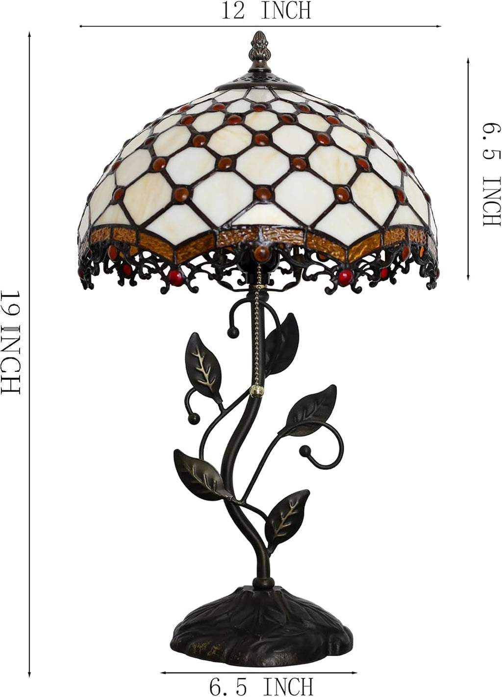 Tiffany Lamp Stained Glass Style Table Lamp Beads Style Bedside Desk Reading Light W12H19 Inch Metal Leaf Base with Metal Leaf Base