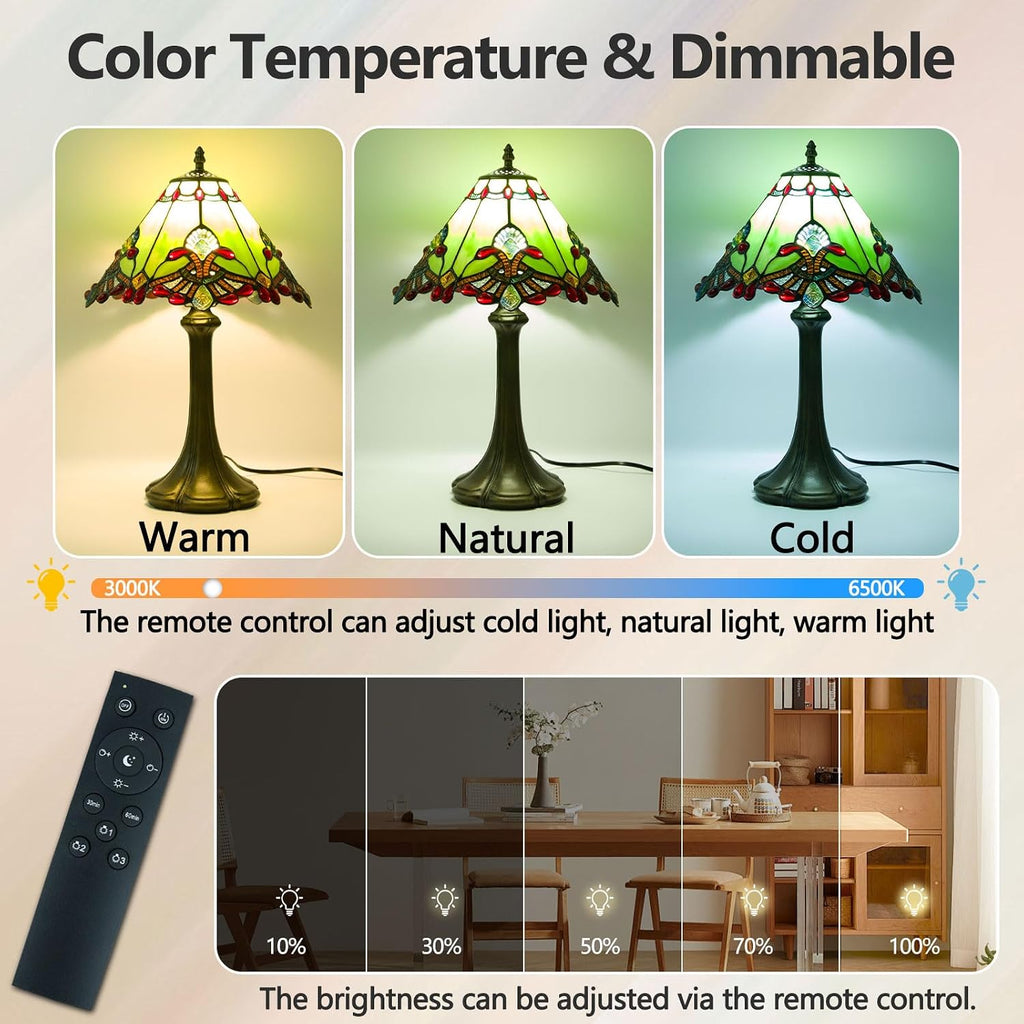 Tiffany Style Table Lamp, Small Stained Glass Lamp for Bedside, Bedroom, Nightstand, Living Room, 12 Inch Mini Vintage Light Included E26 Bulbs with Remote Control (Green Umbrella)