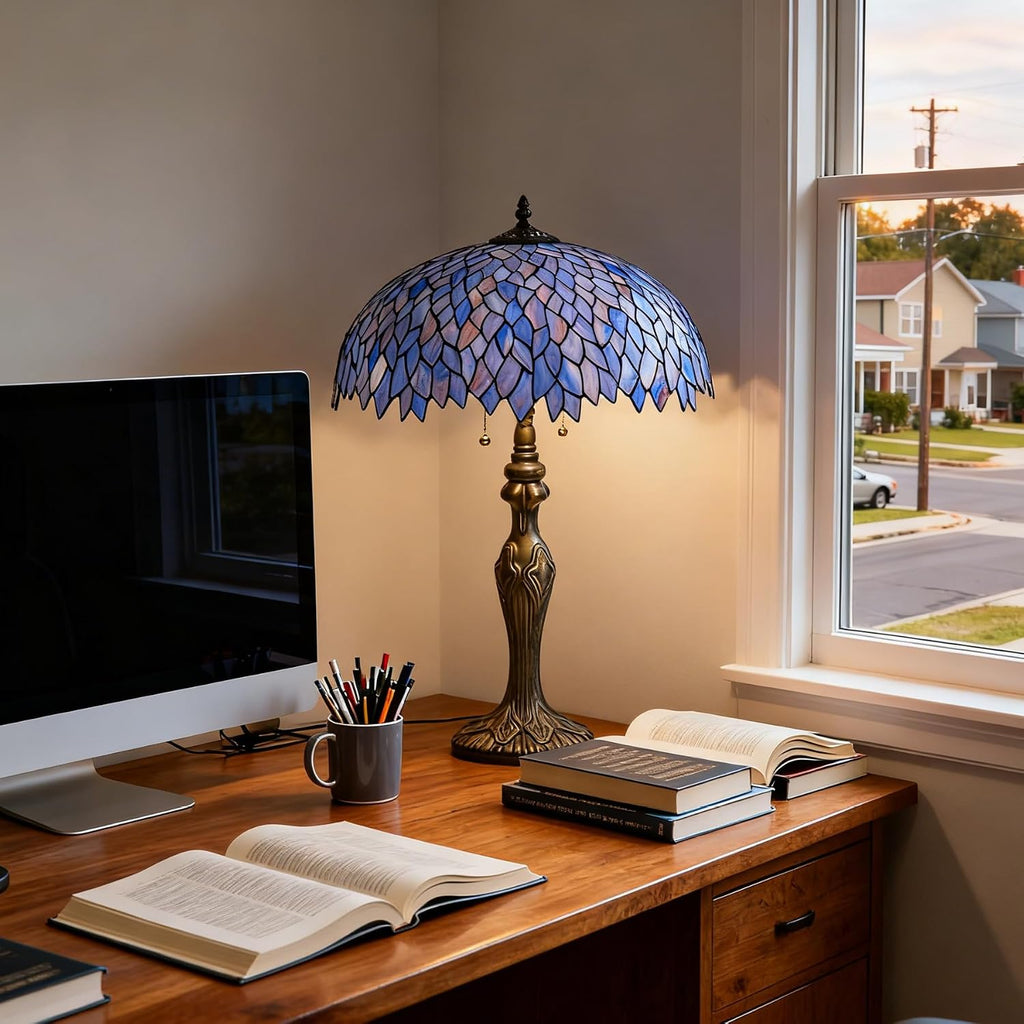 Tiffany Lamp 16' Blue Purple Wisteria Stained Glass Table Lamp for Large Space Vintage Style Antique Bronze Base Desk Light Decorate Bedside Bedroom Living Room Entry Hallway Home Office