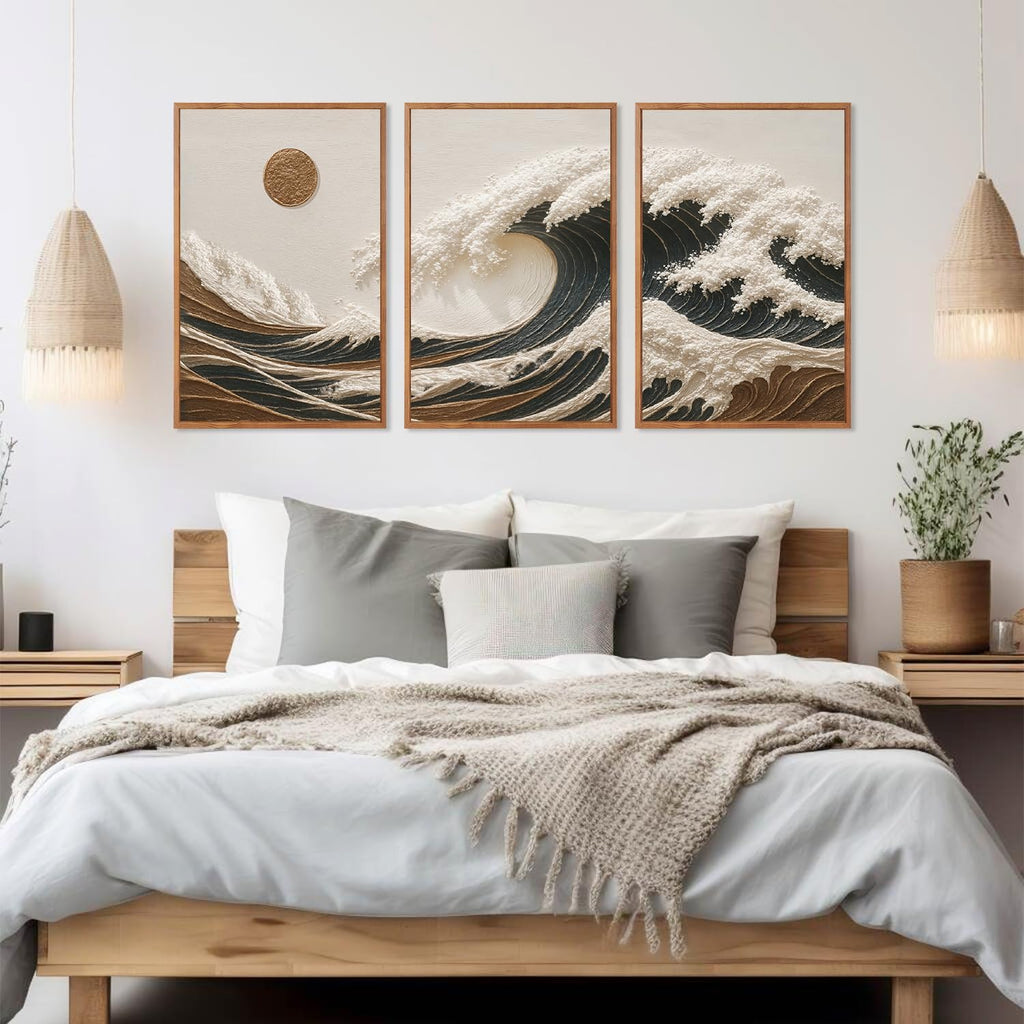 HLNIUC Great Wave Sunset Framed Canvas Wall Art,Abstract Sun Seascape Art Decor Set of 3(24'x36') Modern Ocean Beach Art Print,Large Sea Wave Pictures Framed Wall Painting for Living Room,Bedroom
