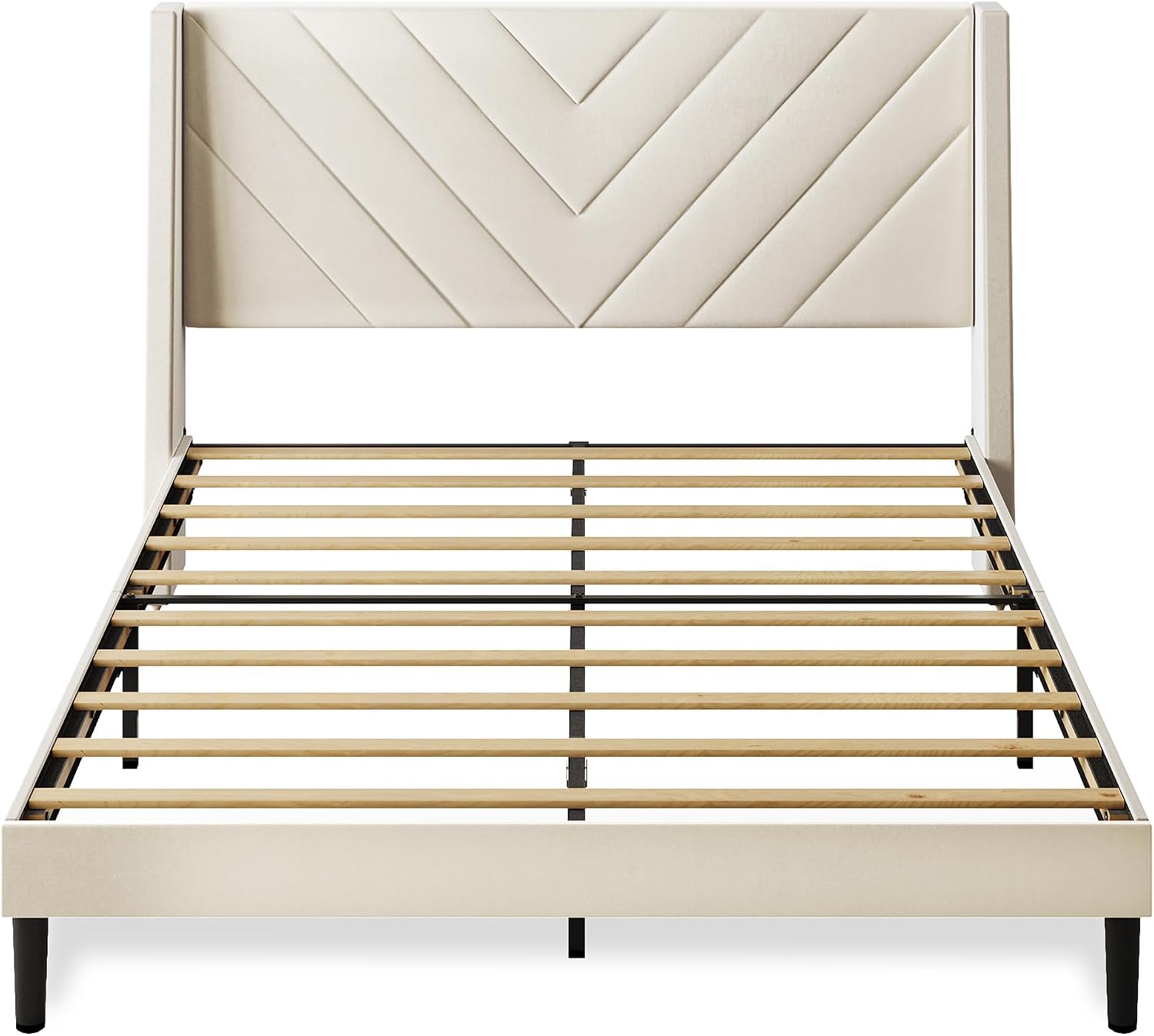 WLIVE Upholstered Bed Frame, Queen Bed Frame with Tufted Headboard, Platform Bed with Wing Side & Wood Slats, 1500LBS Mattress Foundation, No Box Spring Needed, Easy Assembly, Velvet Beige