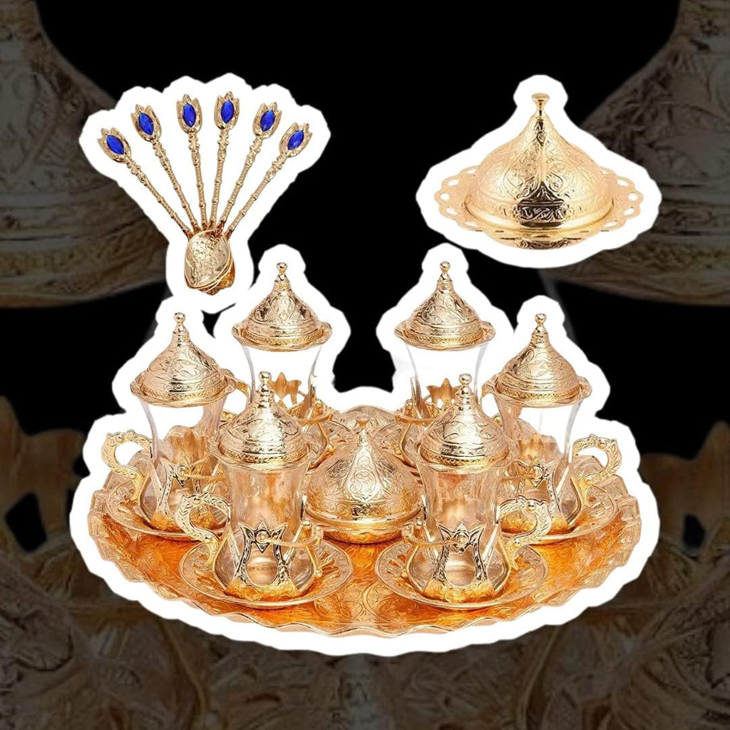 Alisveristime Handmade Turkish Tea Water Zamzam Serving Set Glasses Saucer, Tray and Spoon (Gold)