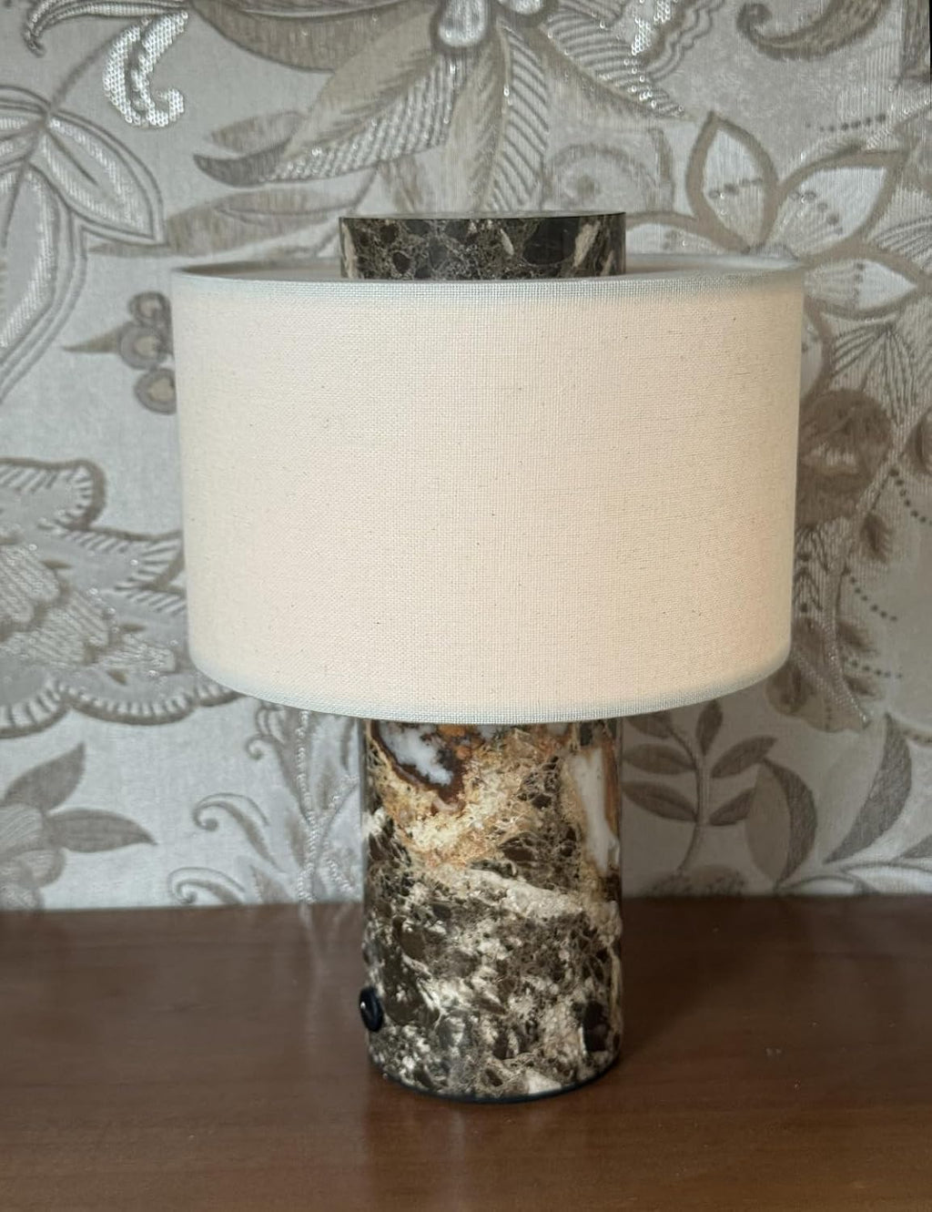 BSOD Marble Lamp, Stone Table Lamps Collection - Modern Cylindrical Lampshade Cordless Luxury Design Bedside Lamp for Home Decor, Bedroom, Living Room & Office (Plug-in Emperador Dark Lamp)