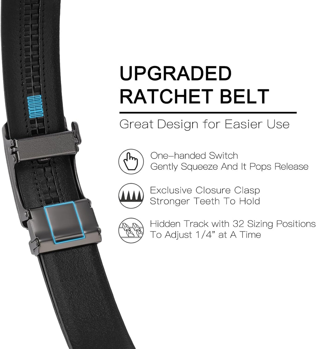 Men's Black Genuine Leather Belts, Automatic Ratchet Buckle Belt, Dress Casual, Trim to Fit, Gift Box