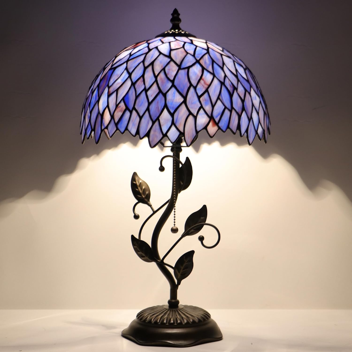 Tiffany Table Lamp Stained Glass Desk Lamp Metal Leaf Base Reading Light 12X19 Inch (Wisteria Style)