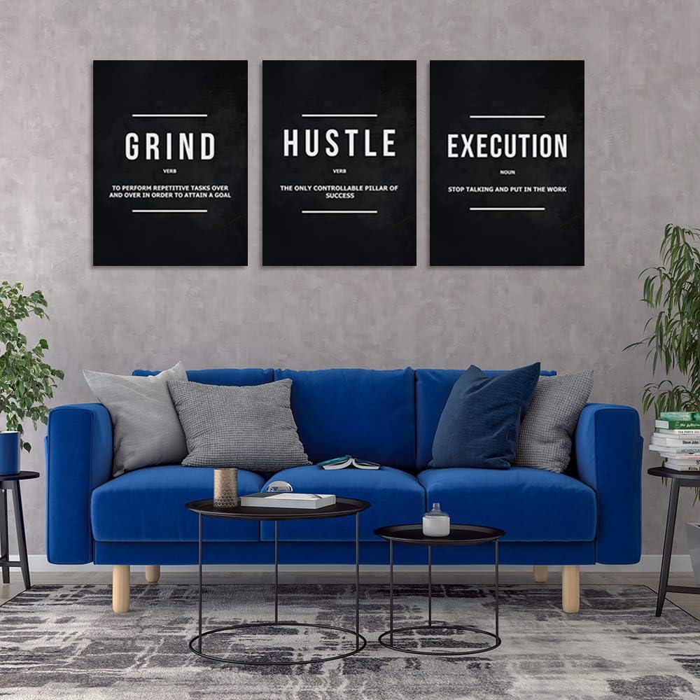 Motivational Office Wall Decor Inspirational Success Canvas Wall Art Hustle Posters Prints Entrepreneur Quote Wall Picture Paintings 3 Pieces Artwork Home Bedroom Framed Easy to Hang(72'Wx36'H)