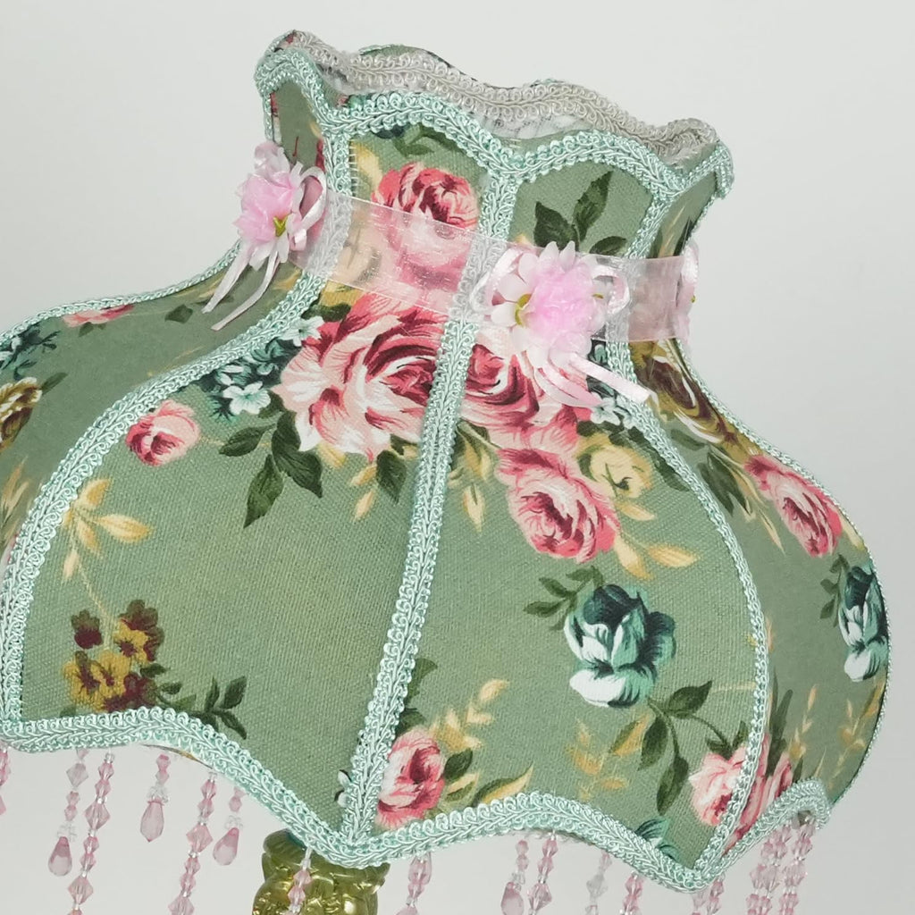 Lovely Table Lamp with Fabric Lampshade, Antique Flower Decorative Bedside Desk Lamp, Handmade Night Light for Bedroom Nightstand (Green)