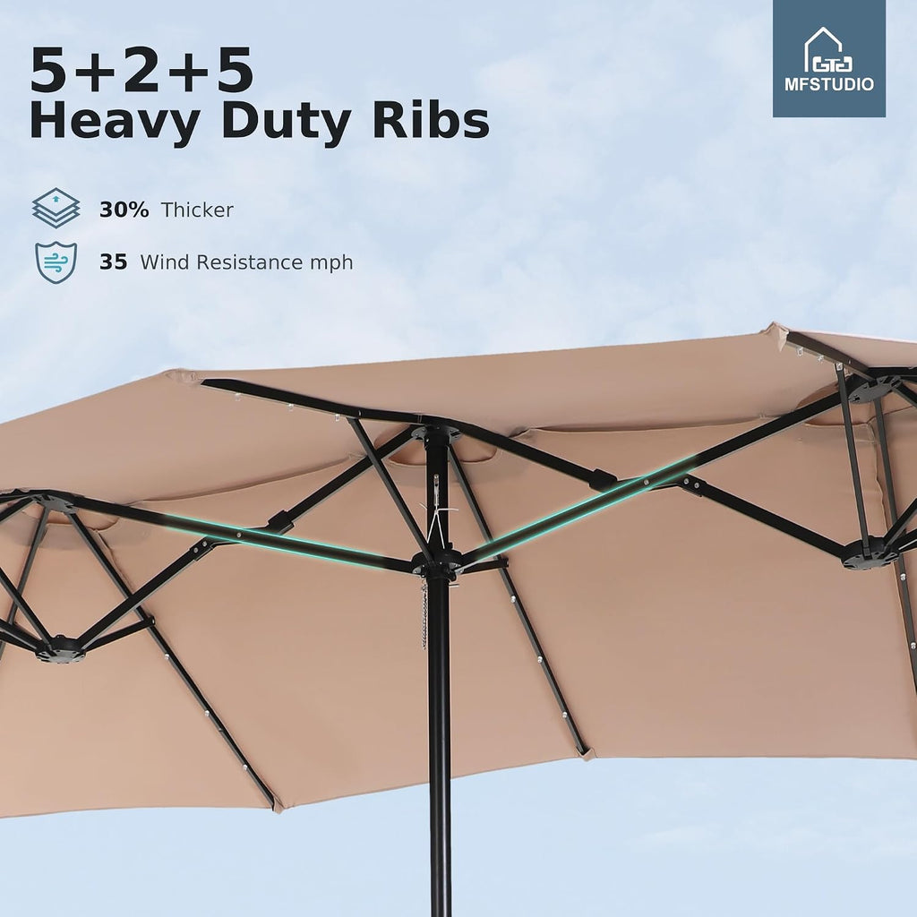 MFSTUDIO 15ft Double Sided Patio Umbrella with Solar Lights, Outdoor Large Umbrellas with Crank Handle and 36 LED Lights, Rectangular Market Umbrella with Base Included for Deck Pool Shade, Beige