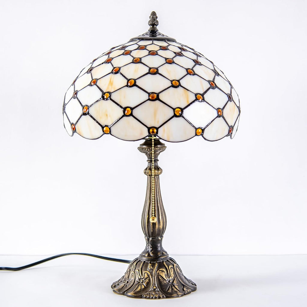 Tiffany Style Table Lamp, Amber White Bead Pearls Stained Glass Lamp with Antique Bronze Resin Base for Reading, Study, Bedside, Bedroom, Living Room, Office 12X12X19 Inch
