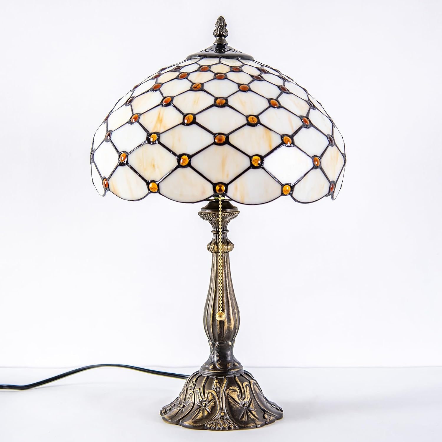 Tiffany Style Table Lamp, Amber White Bead Pearls Stained Glass Lamp with Antique Bronze Resin Base for Reading, Study, Bedside, Bedroom, Living Room, Office 12X12X19 Inch