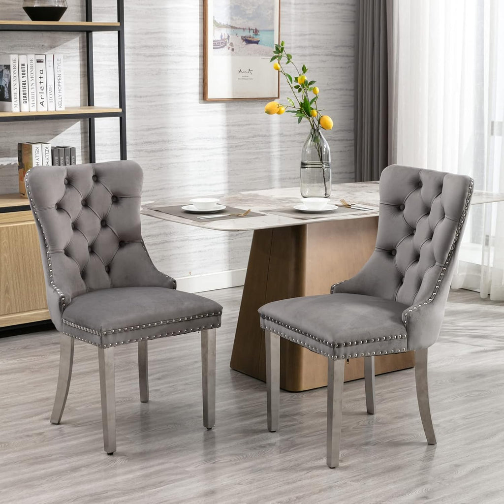 2 Piece Contemporary Velvet Upholstered Dining Chair with Chrome Stainless Steel Plating Legs, Nail Head Decro, Armless Tufted Dining Chair Fabric Dining Room Chair (Gray&Silver, Set of 2)