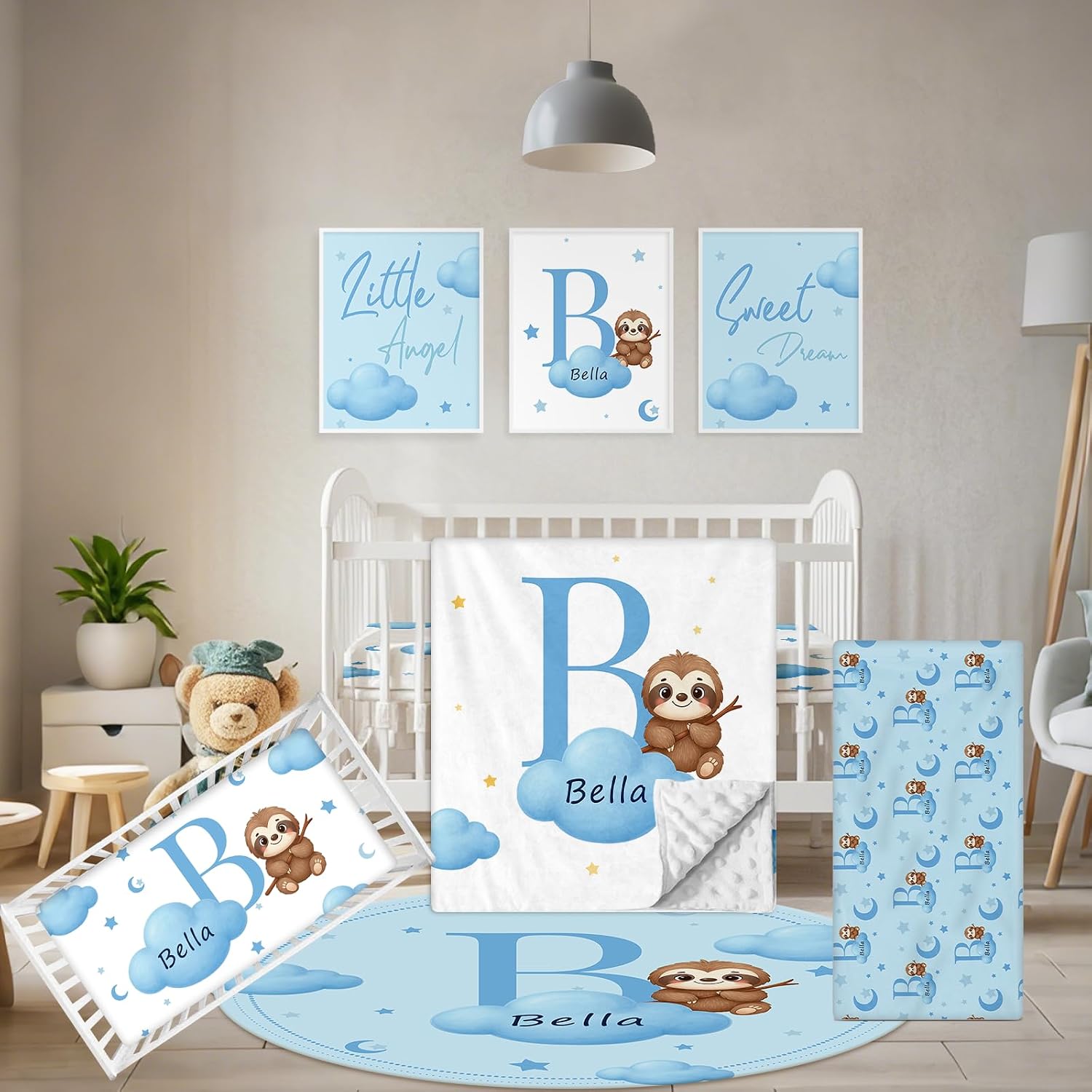 Terwex Personalized Baby Bedding Set, 5 Pcs Custom Baby Crib Sets with Name, Toddler Bedding Set for Baby Girls Boys, Blue Sloth Double Layer Nursery Bedding Set, Customized Gifts for Infants Kids