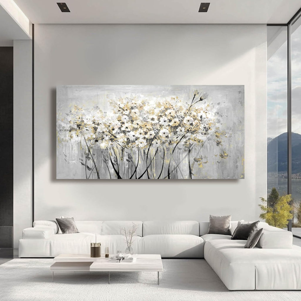 Flowers Canvas Wall Art White Paintings Grey Gold Contemporary Artwork Master Bedroom Wall Decor 29'x 58' Large Framed Art for Living Room Office Home Decor
