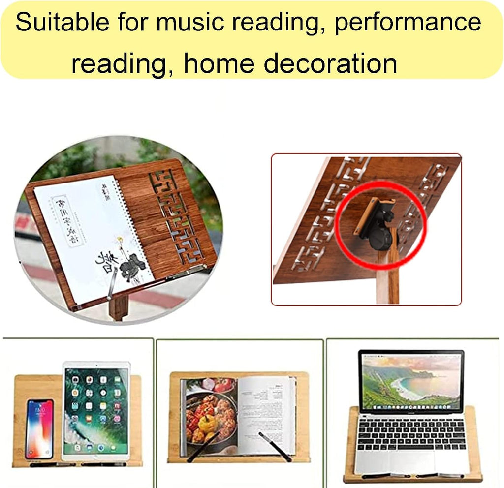Extra Stable Metal Music Stand, Two-in-one Dual-use Bamboo Book Stand, Sheet Music Stand With Violin Hanger, Classic Stand For Musical Instruments, Restaurant, Hotel Menu Stand (Wood 17cm*45cm*75cm)
