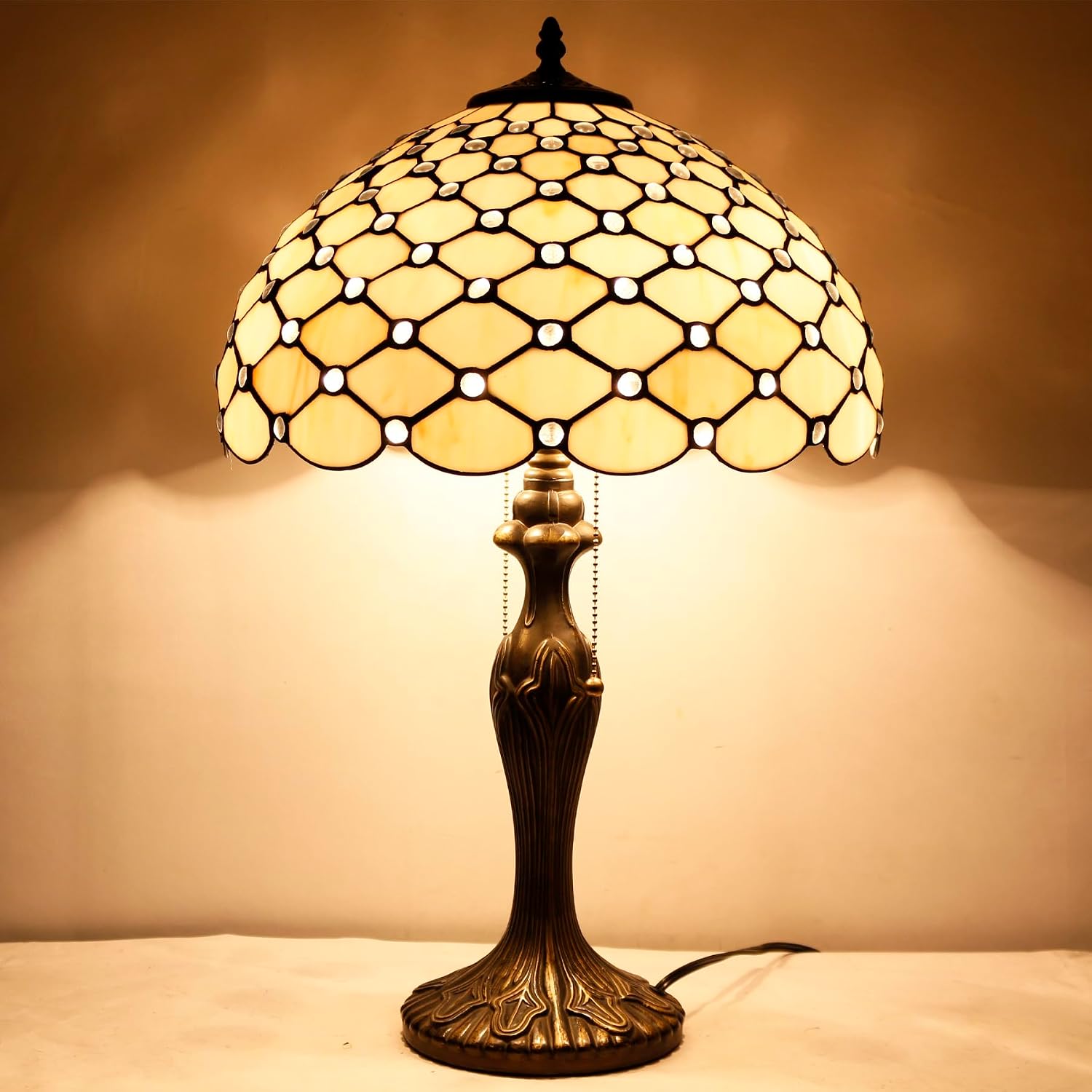 WERFACTORY Tiffany Table Lamp Stained Glass Bedside Lamp 16X16X24 Inches Cream Pearl Bead Desk Reading Light Metal Base Decor Bedroom Living Room Home Office S005 Series