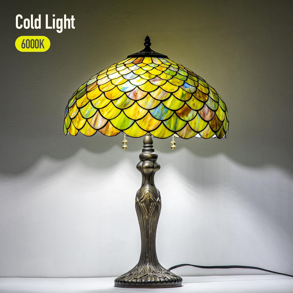 Tiffany Lamp 16' Gradient Green Fish Scales Stained Glass Table Lamp for Large Space Vintage Style Antique Bronze Base Desk Light Decorate Bedside Bedroom Living Room Entry Hallway Home Office