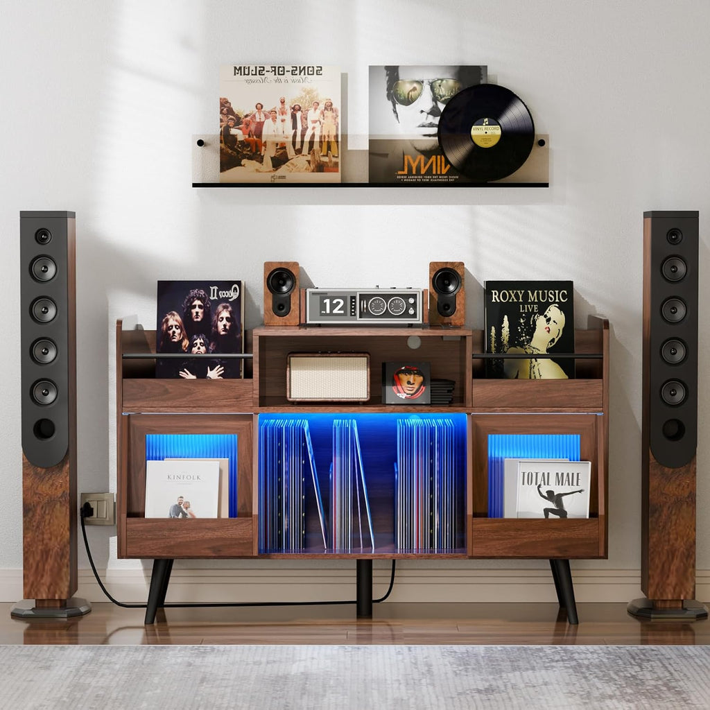 MULEJYBO XL Record Player Stand with Sliding Door,500 Vinyl Record Storage Cabinet, Record Player Table with Power Outlet & LED Light,Turntable Stand with Wood Legs for Living Room,Office
