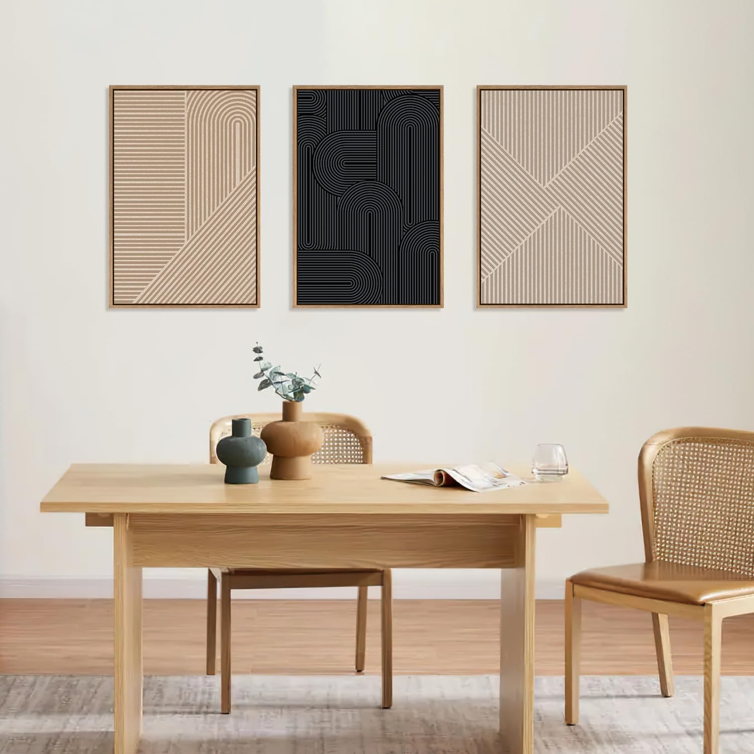 LHIUEM Large Abstract Textured Line Framed Canvas Wall Art,Boho Beige Black Wall Decor,Modern Neutral Minimalist Art Painting Painting for Living Room,Bedroom,Dining Room,Office -24'x36'x3