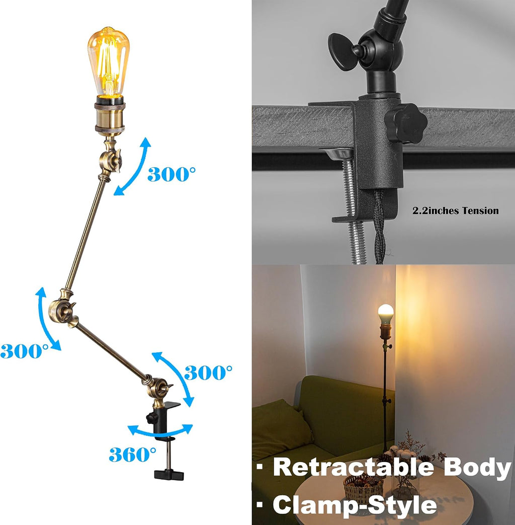 Kiven Dimmable Clamp Lamp, 1-Light Aluminum Nightstand Lamp with Flexible Swing Arm, Remote Control, Industrial Decorative Clip-on Desk Lamp for Bookshelf Office Bedside,Bronze