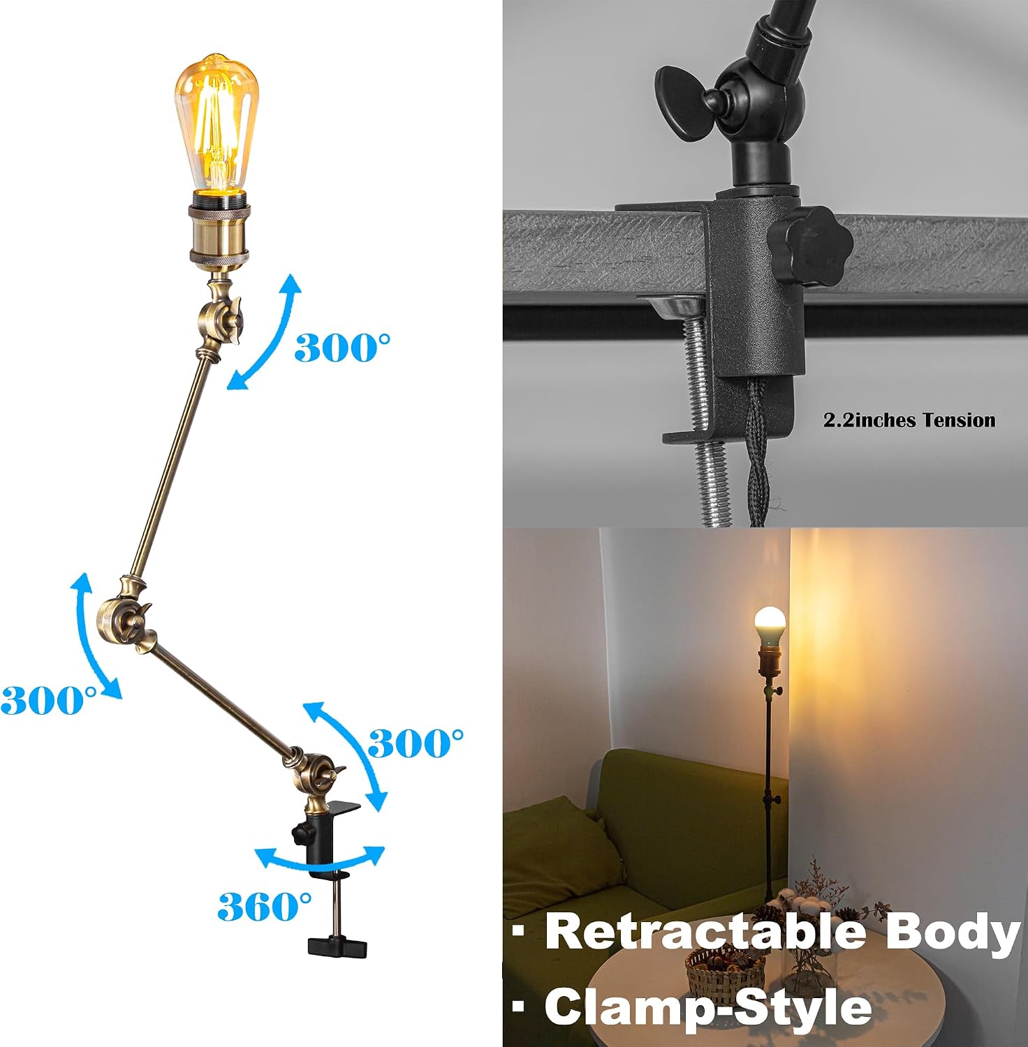 Kiven Dimmable Clamp Lamp, 1-Light Aluminum Nightstand Lamp with Flexible Swing Arm, Remote Control, Industrial Decorative Clip-on Desk Lamp for Bookshelf Office Bedside,Bronze