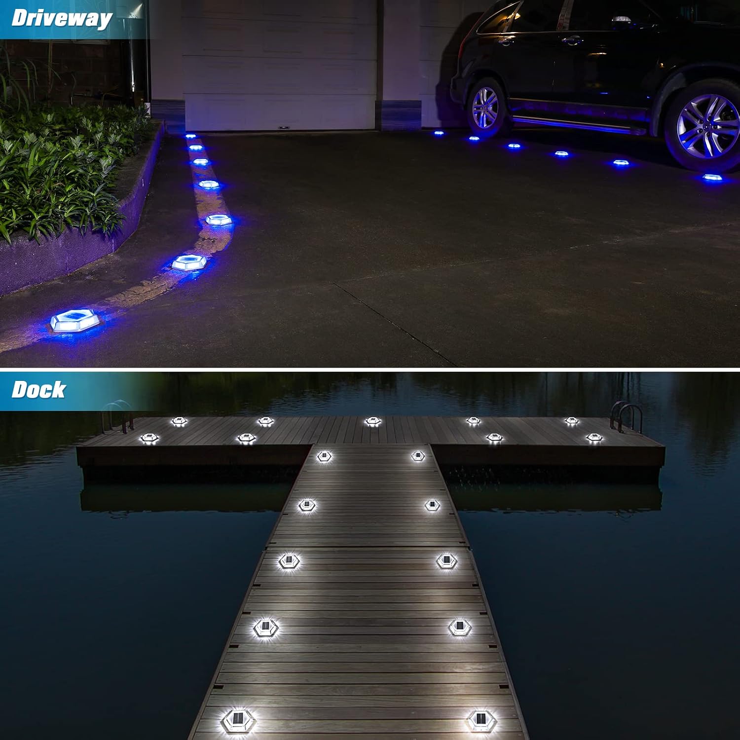 VOLISUN Solar Driveway Lights Dock Outdoor Waterproof Marker Lights,16 Pack Solar Deck Lights 2 Colors in 1 Led Wireless IP67,Solar Blue Deck Lights for Sidewalk Pathway Yard(White/Blue),Auto On/Off
