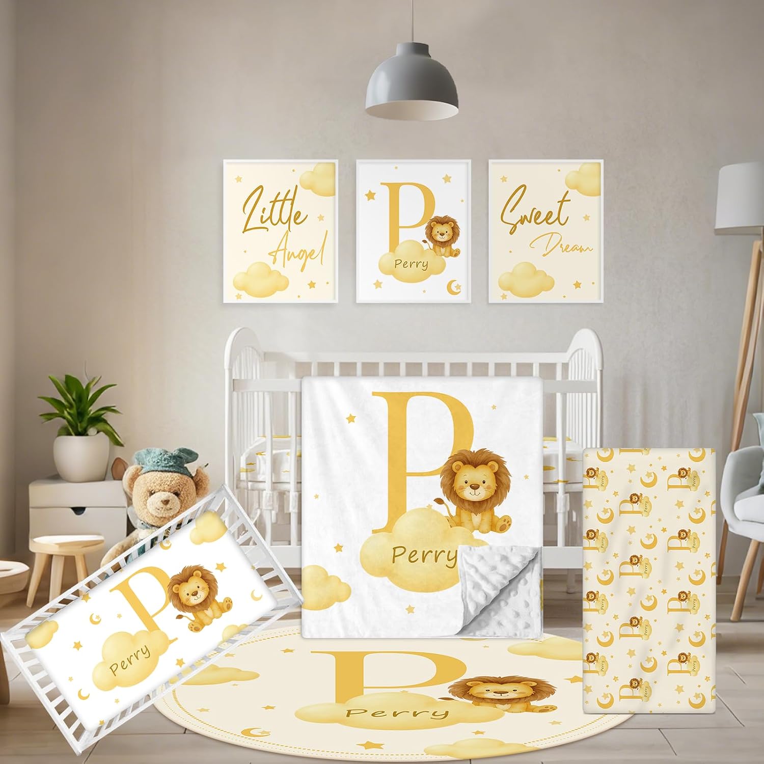 Terwex 5 Piece Customized Crib Bedding Set for Boys & Girl- Custom Name Baby Crib Yellow Lion Nursery Bedding Set with Fitted Sheet, Soft Blanket, Rug, Personalized Gifts for Newborn Infant Toddler