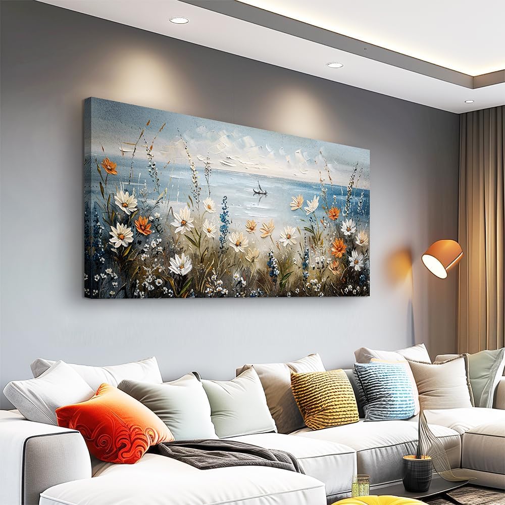 MHARTK66 Wall Art for Living Room Large Beach Painting Ocean Wildflower Canvas Artwork Framed Coastal Landscape Artwork Seascape Nature Rustic Picture for Office Bedroom Home Wall Decor 60x30in