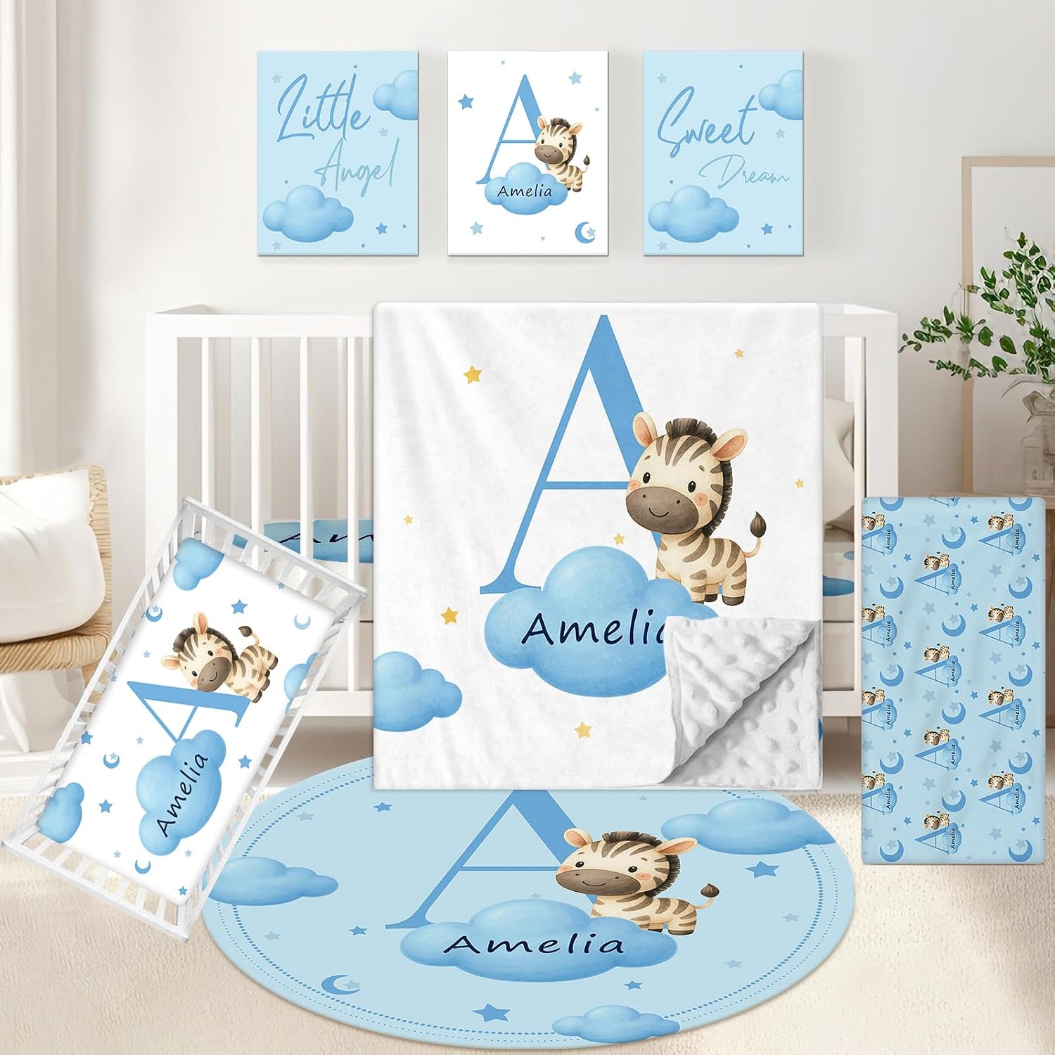 KAINSY Custom Crib Bedding Set, 5 Pcs Personalized Name Monogram Baby Crib Sets for Infants Toddlers, Blue Zebra Nursery Bedding Set for Boys Girls, Double Layer Baby Bedding Sets Customized Gifts