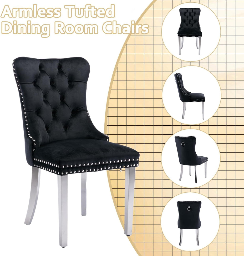 2 Piece Contemporary Velvet Upholstered Dining Chair with Chrome Stainless Steel Plating Legs, Nail Head Decro, Armless Tufted Dining Chair Fabric Dining Room Chair (Black&Silver, Set of 2)