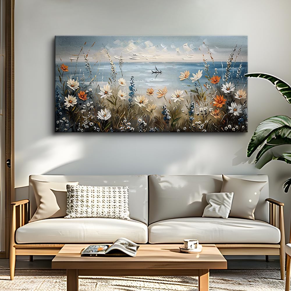 MHARTK66 Wall Art for Living Room Large Beach Painting Ocean Wildflower Canvas Artwork Framed Coastal Landscape Artwork Seascape Nature Rustic Picture for Office Bedroom Home Wall Decor 60x30in