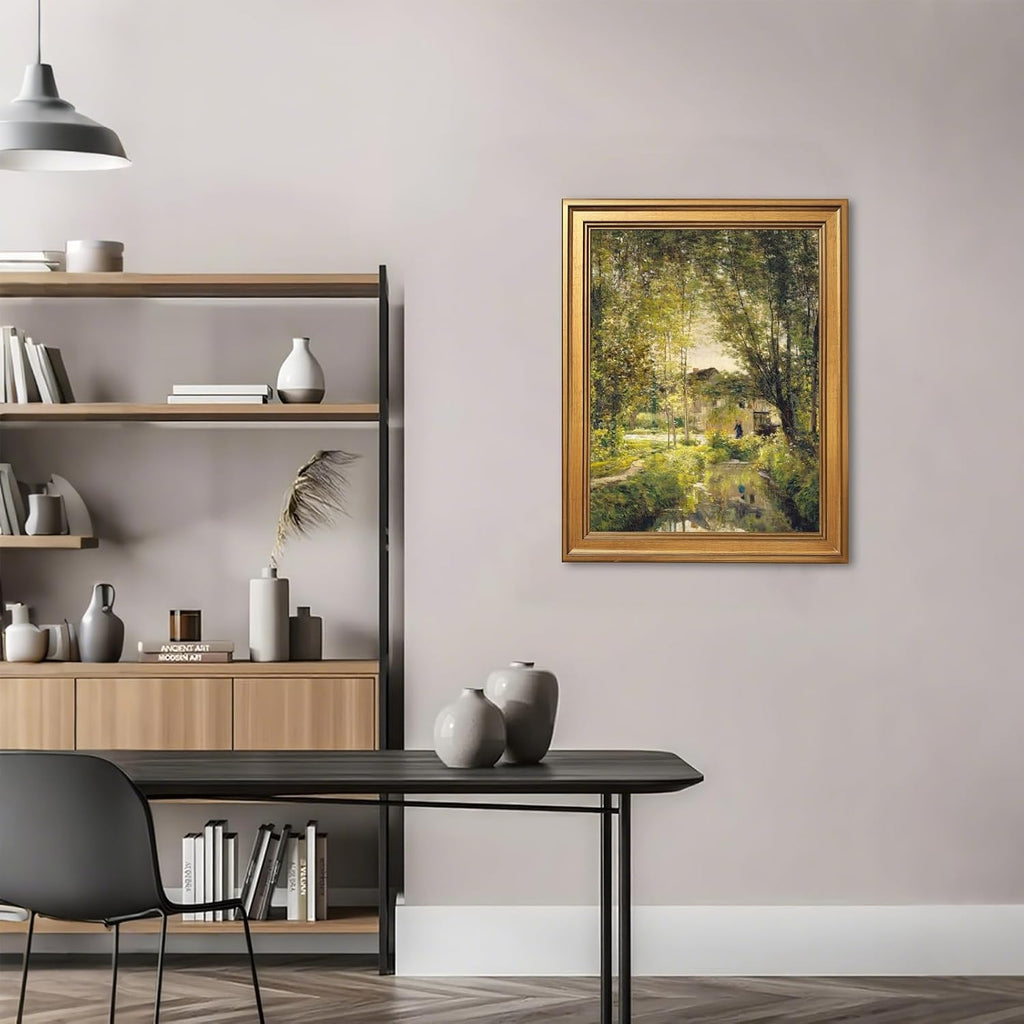 Gold Framed Vintage Wall Art Decor River Landscape Canvas Print Cottage Painting Rural Farmhouse Decor Tranquil Nature Scenery Picture Poster for Living Room Bedroom Office 24X36inch