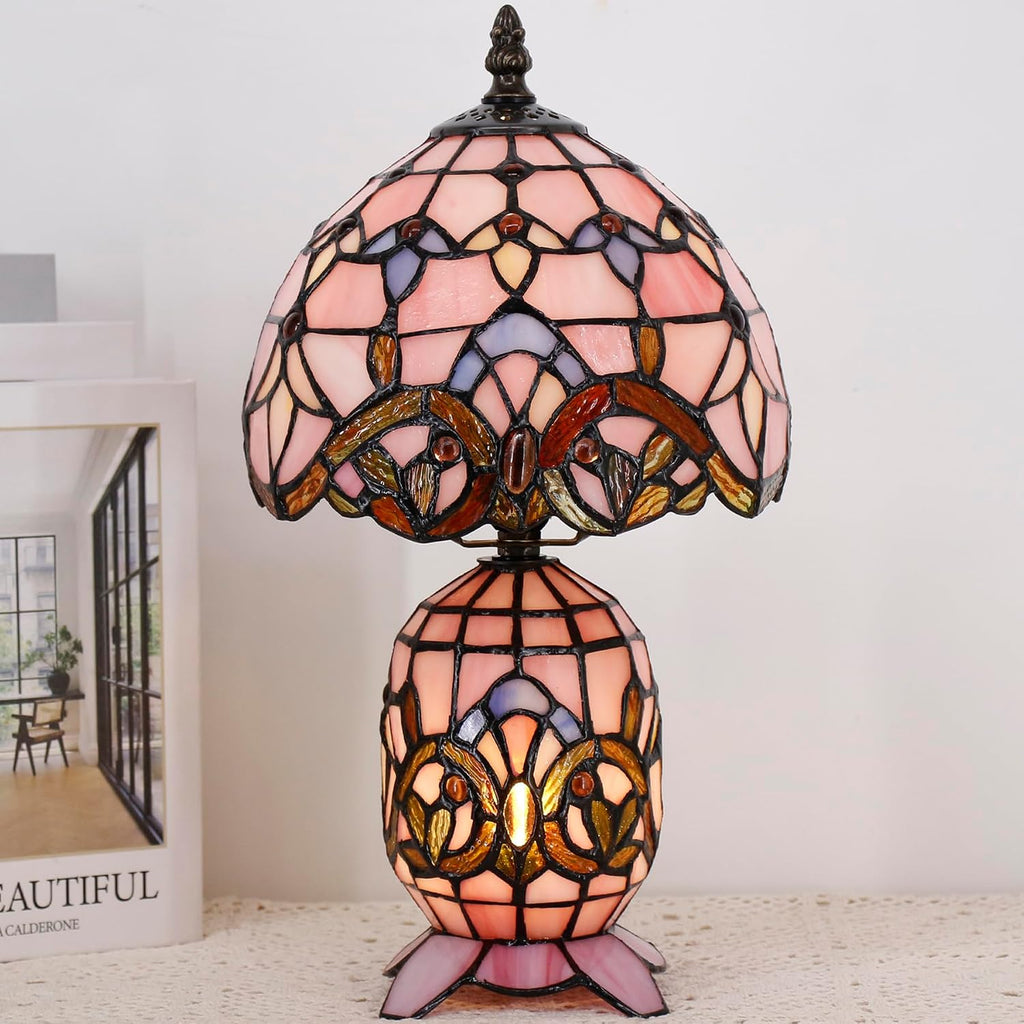 Small Tiffany Lamp Stained Glass Table Lamp Mini Mother Daughter Vase Desk Accent Light for Bedroom Bedside Reading Home Antique Style Decor 8X14 Inches (Pink Baroque)