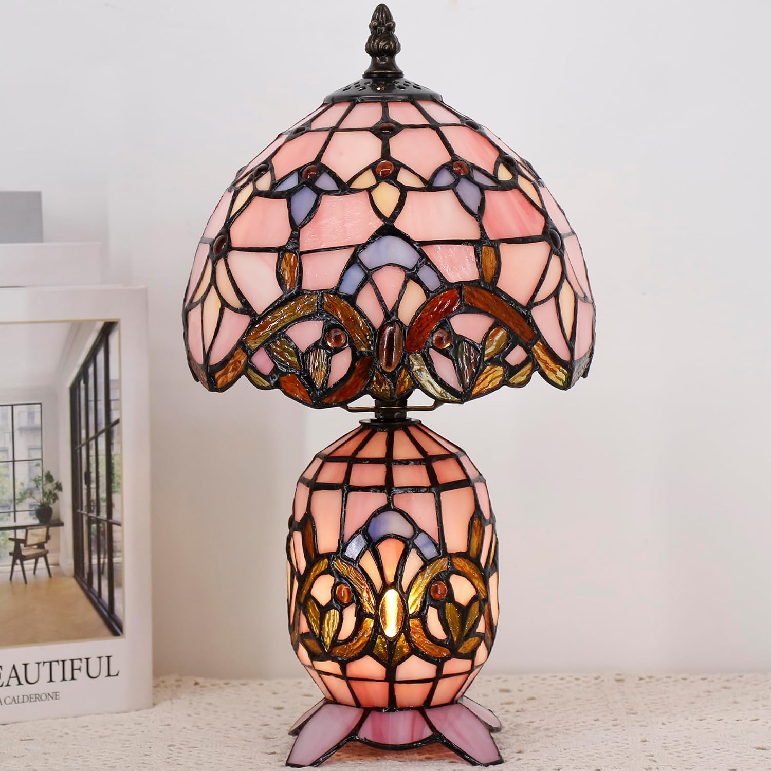 Small Tiffany Lamp Stained Glass Table Lamp Mini Mother Daughter Vase Desk Accent Light for Bedroom Bedside Reading Home Antique Style Decor 8X14 Inches (Pink Baroque)