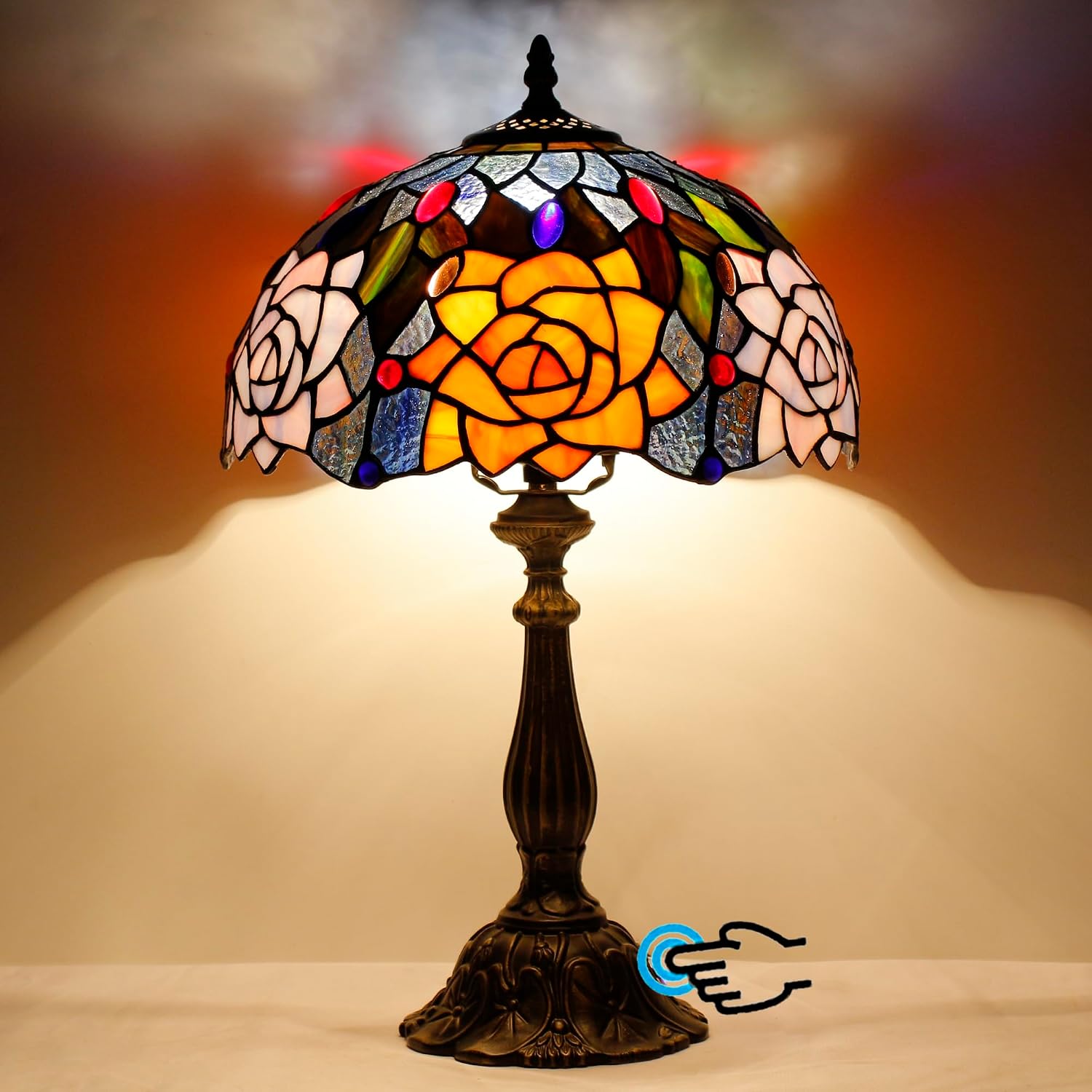 Tiffany Lamp Touch Control Table Lamp Orange Purple Stained Glass Desk Lamp 12X12X19 Inches Rose Flower Style Reading Light