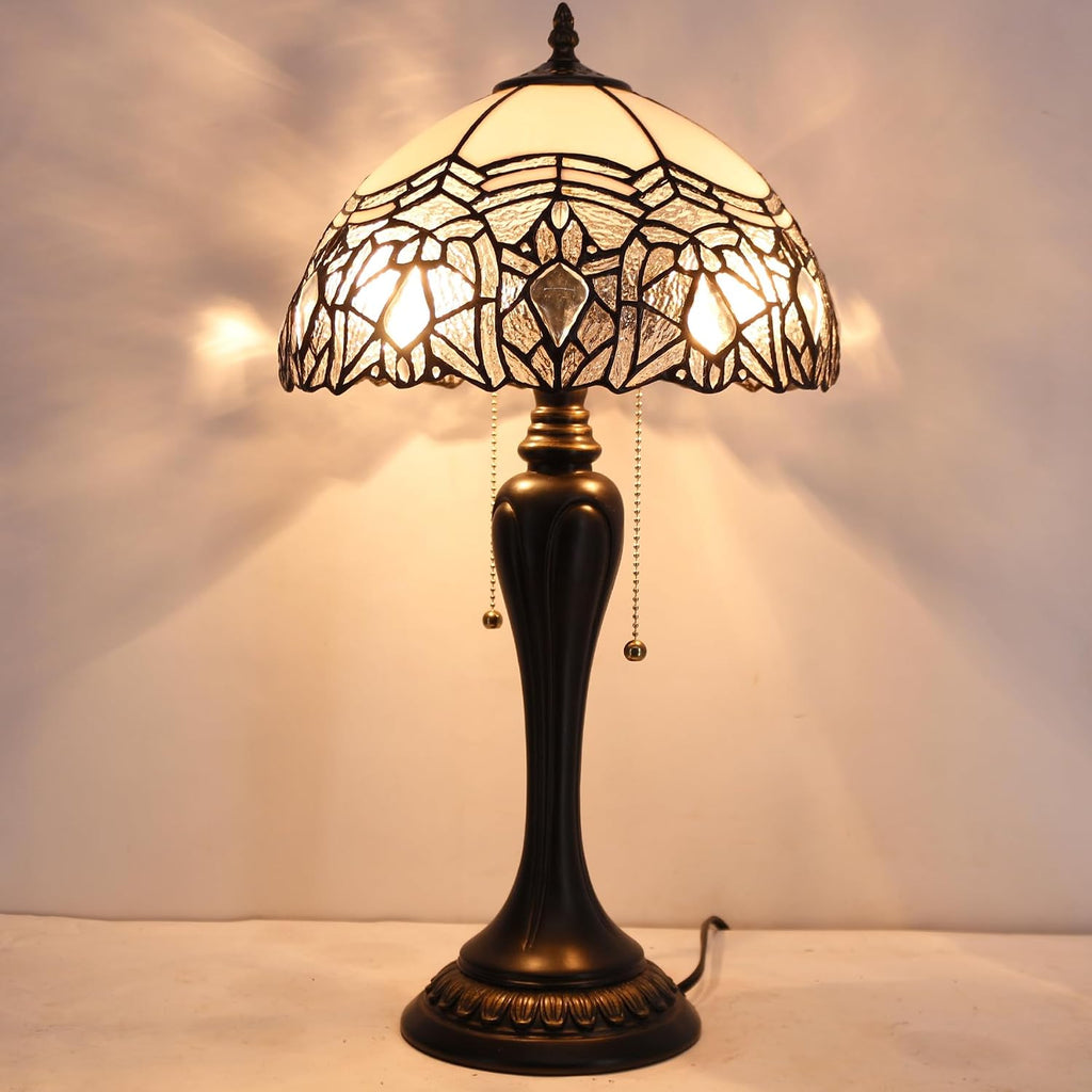 WERFACTORY Tiffany Lamp White Bent Stained Glass Crystal Table Lamp Bedside Desk Reading Light 12X12X22 Inches Decor Bedroom Living Room Home Office S508W Series