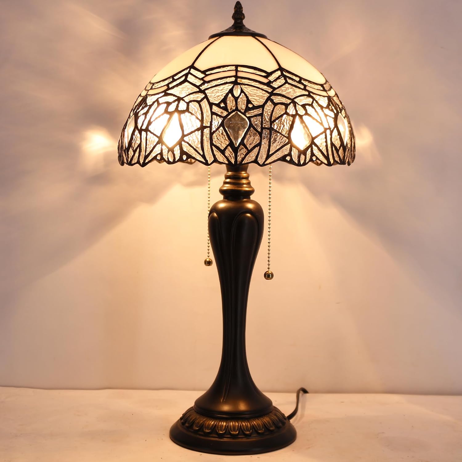 WERFACTORY Tiffany Lamp White Bent Stained Glass Crystal Table Lamp Bedside Desk Reading Light 12X12X22 Inches Decor Bedroom Living Room Home Office S508W Series