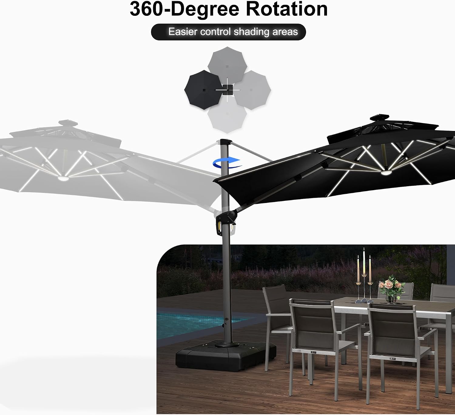 PURPLE LEAF 12ft Solar powered LED Patio Umbrella Outdoor Round Umbrella Large Cantilever Umbrellas with LED lights Windproof Offset Umbrellas Heavy Duty Sun Umbrella for Garden Deck Pool Patio, Black