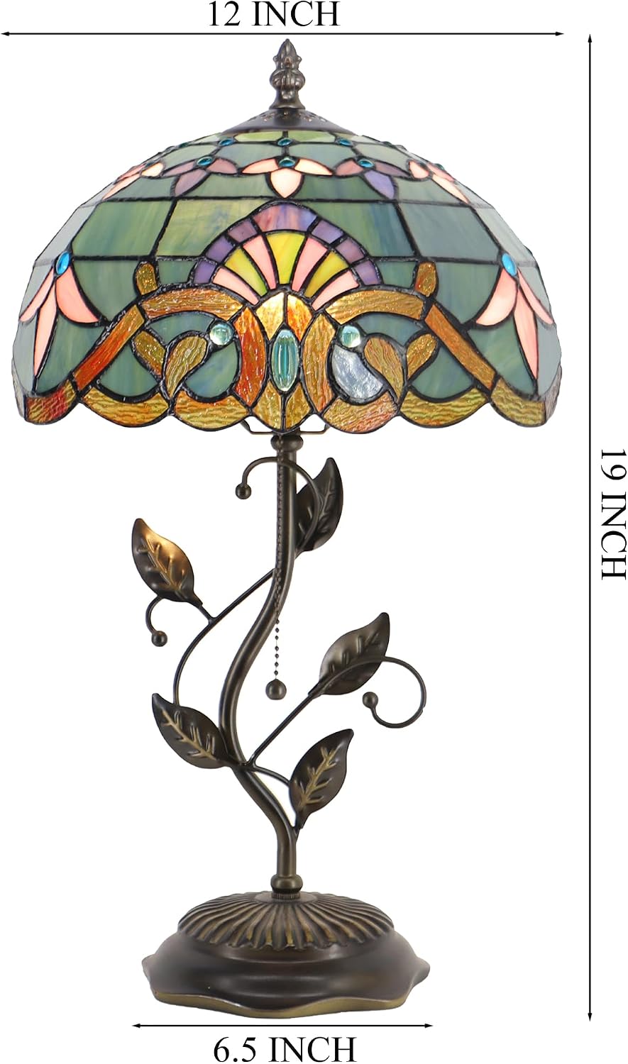 Tiffany Table Lamp Stained Glass Desk Lamp Metal Leaf Base Reading Light 12X19 Inch (Baroque Style)