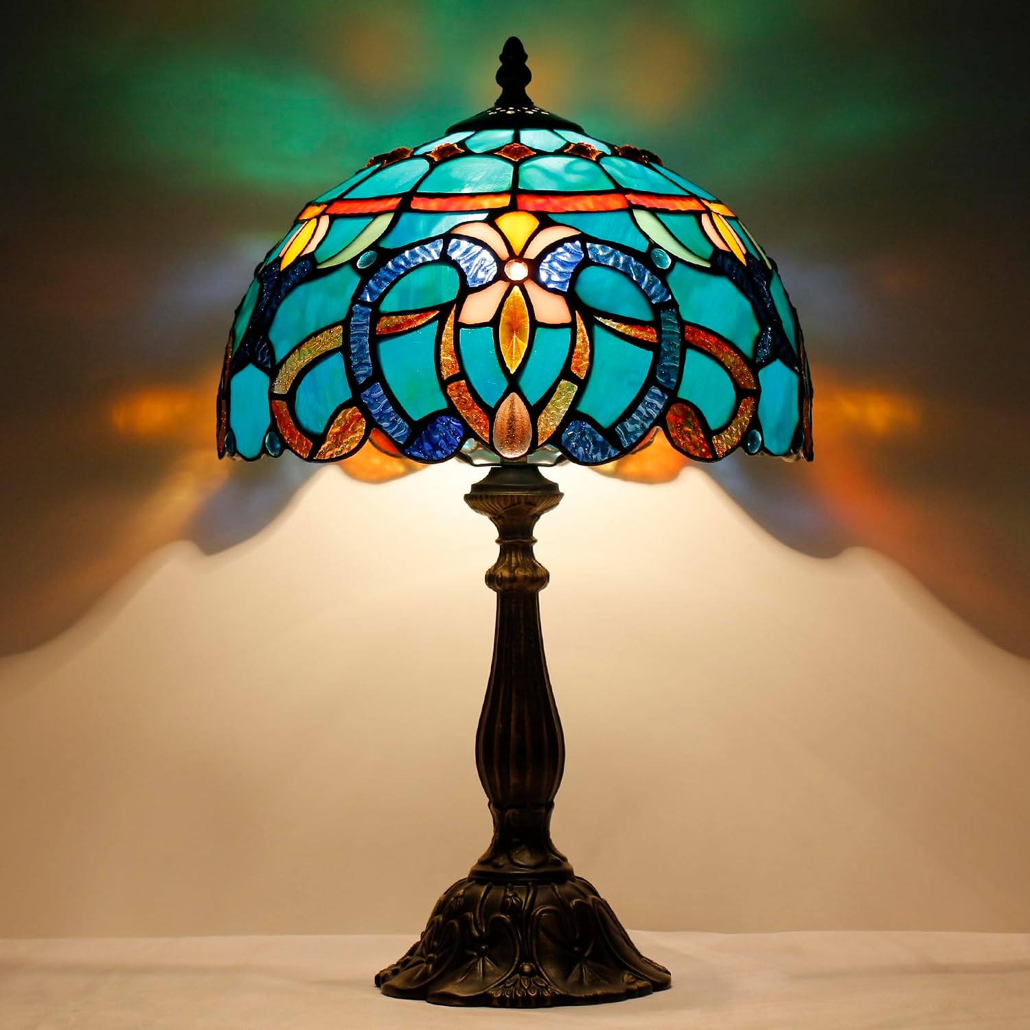 Tiffany Lamp Touch Control Table Lamp Blue Green Stained Glass Desk Lamp 12X12X19 Inches Baroque Style Reading Light