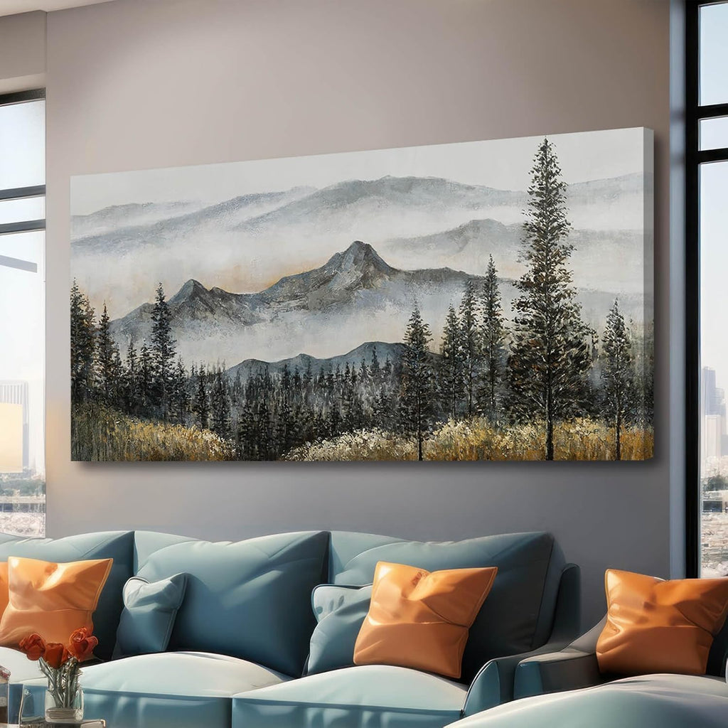 Foggy forest Wall Decor,Framed Canvas Wall Art, Large Artwork Green Mountain Pictures Boho Pine Tree Wall Painting Mountains Landscape Art for Home Living Room Office 29'x58'