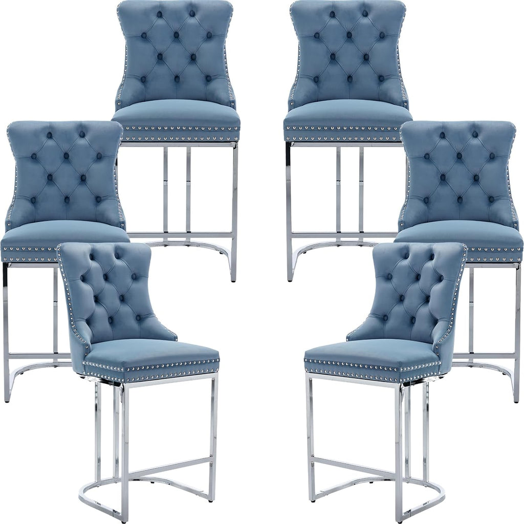 25' Counter Height Bar Stools Set of 6, Velvet Counter Stools for Kitchen Island, Tufted High Chair with Backs, Fabric Upholstered Modern Barstools for Pub Cafe, Chromed Metal Legs (Blue, 6Pcs)