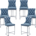25' Counter Height Bar Stools Set of 6, Velvet Counter Stools for Kitchen Island, Tufted High Chair with Backs, Fabric Upholstered Modern Barstools for Pub Cafe, Chromed Metal Legs (Blue, 6Pcs)