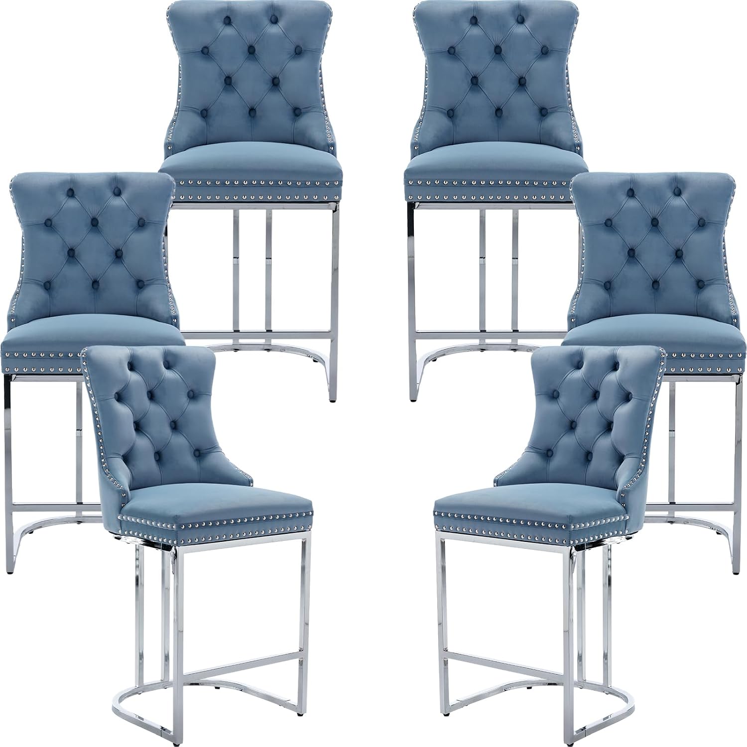 25' Counter Height Bar Stools Set of 6, Velvet Counter Stools for Kitchen Island, Tufted High Chair with Backs, Fabric Upholstered Modern Barstools for Pub Cafe, Chromed Metal Legs (Blue, 6Pcs)