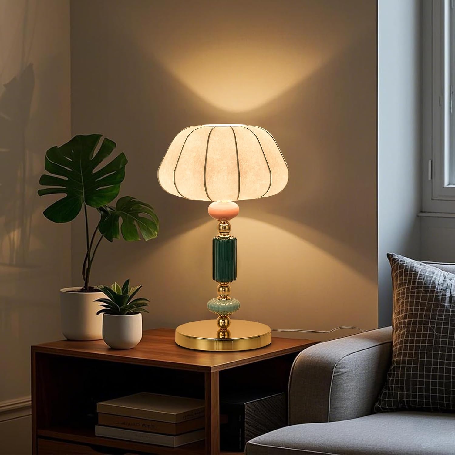 Modern White Fabric Table Lamp Plug in Metal Base Desk Light with Plug Cord Switch for Bedroom Bedside Living Room